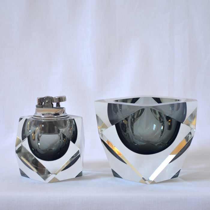 Set of Mandruzzato faceted table lighter and ashtray - Murano, Italy 1960s